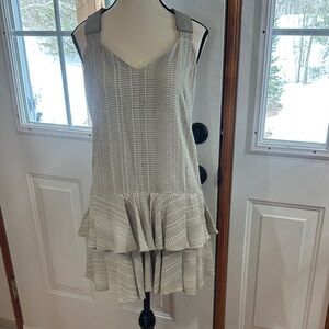 Derek Lam Light Green-Grey and white Tiered Ruffle V-Neck Silk Mini Dress